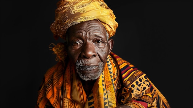 Un anciano africano vestido con ropa tradicional mira a la cámara con fondo negro
