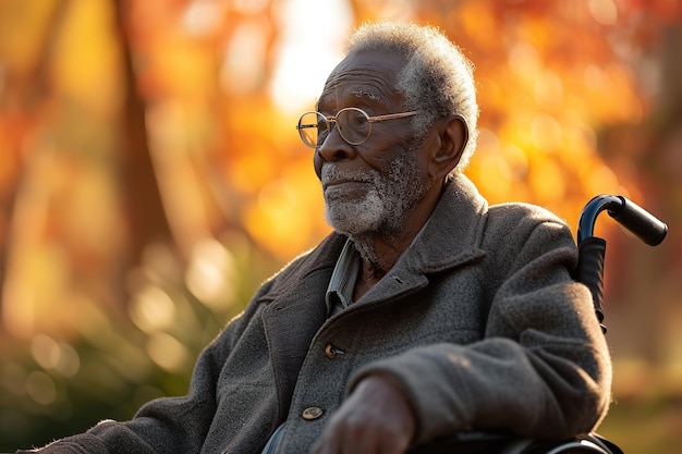 Un anciano afroamericano jubilado en silla de ruedas disfruta de ser autosuficiente en un parque y espacio IA generativa
