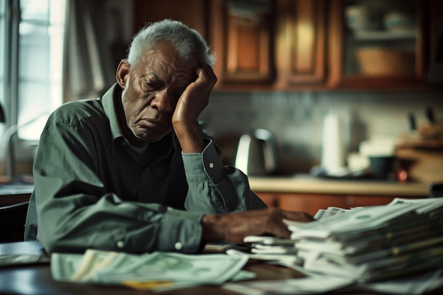Un anciano afroamericano se sienta en su mesa de la cocina rodeado de pilas de facturas atrasadas.