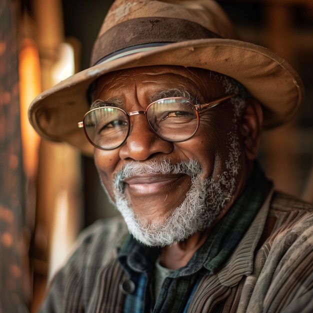 Un anciano afroamericano sonriendo positivamente en la habitación