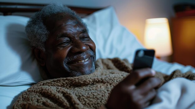 un anciano afroamericano sonriente acostado en la cama mirando su teléfono celular