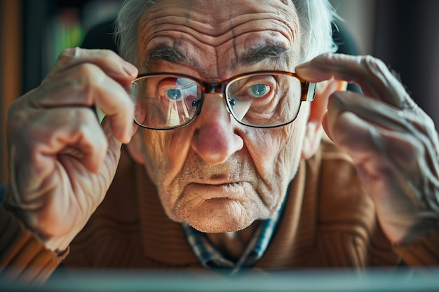 Un anciano ajustando sus gafas.