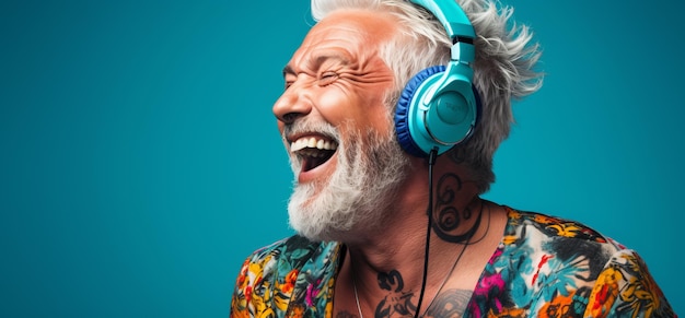 Un anciano alegre escuchando música con auriculares