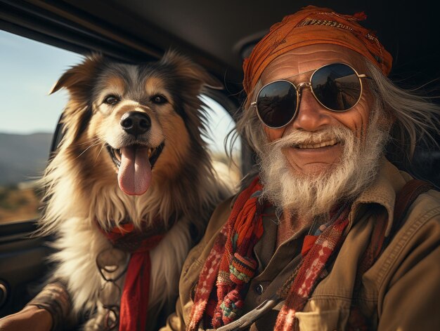 Un anciano alegre con un perro viajando en coche alrededor del mundo generado por la IA