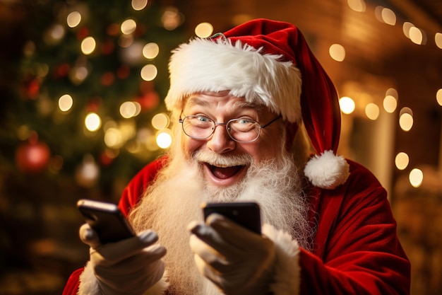 Un anciano alegre y risueño con barba blanca y gorro de Papá Noel sostiene dos teléfonos inteligentes