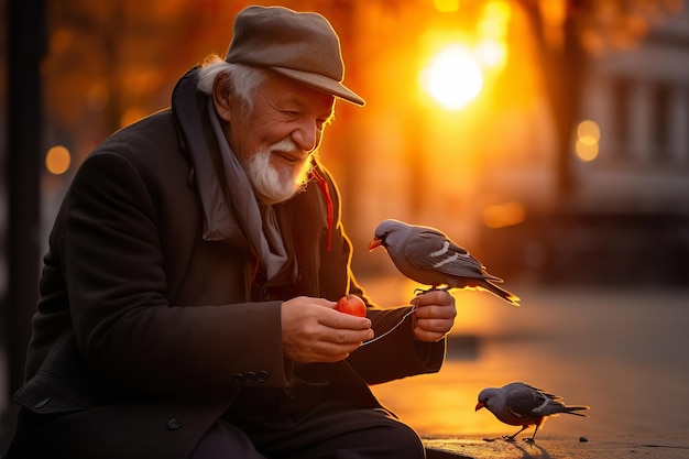 Un anciano alimentando a su amigo bied emplumado durante la hora dorada