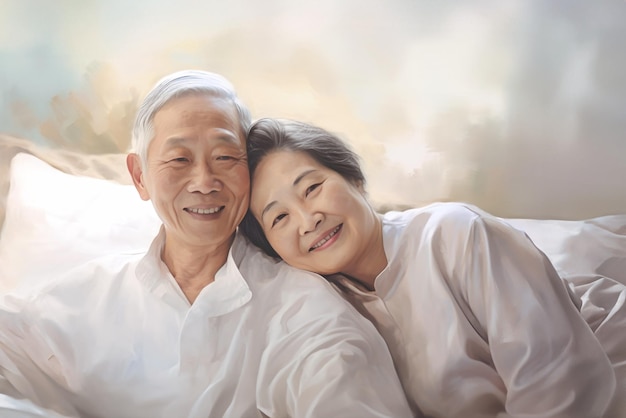 Un anciano y una anciana asiáticos se sientan juntos en un sofá compartiendo un momento de relajación y compañerismo