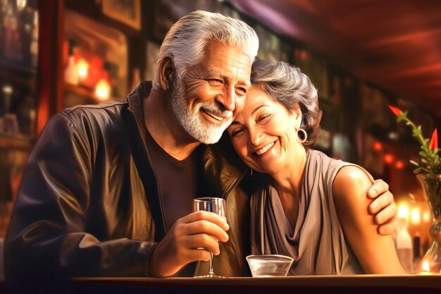 Foto un anciano y una anciana disfrutan del vino en un bar