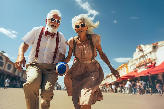 Un anciano y una anciana están corriendo con una pelota.