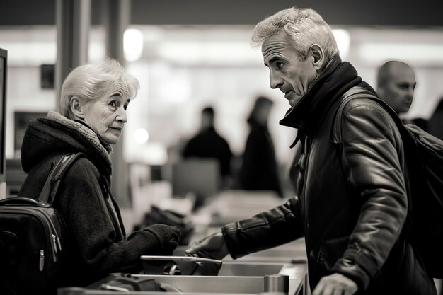 Un anciano y una anciana se van de vacaciones. Una pareja de viajeros mayores con un carrito y maletas.