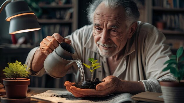 Foto anciano anciano purificando el agua y cuidando un pequeño árbol en la mesa