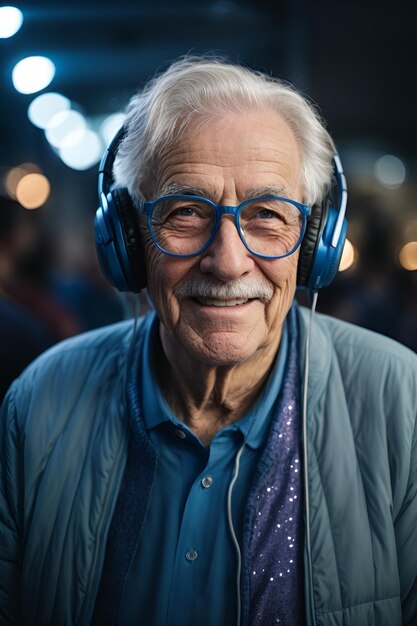 Un anciano arrugado vestido de azul con una sonrisa en la cara