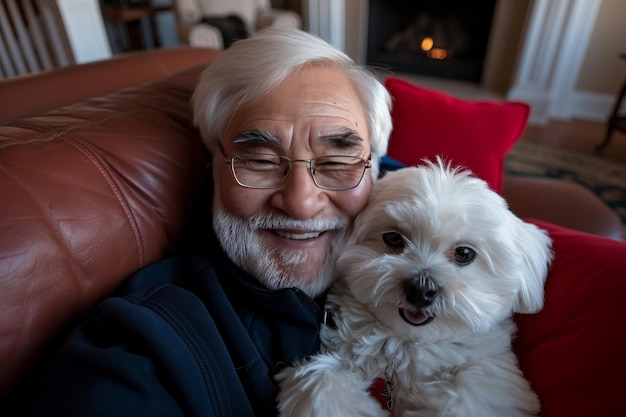 Foto un anciano asiático acurrucado con un perrito faldo capturando recuerdos de mascotas con un selfie en un concepto de teléfono inteligente