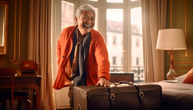 un anciano asiático en una habitación de hotel francés con maletas vino a descansar