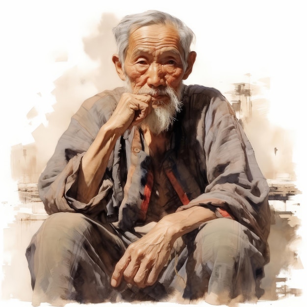 Anciano asiático pensando y dudando ilustración fotorrealista Personaje masculino con cara de ensueño sobre fondo abstracto Ai generó un cartel brillante realista