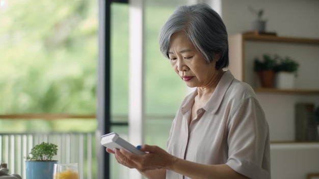 El anciano asiático preocupado empoderando el autocuidado con píldoras de hierbas RX en línea en medio del aislamiento en el hogar