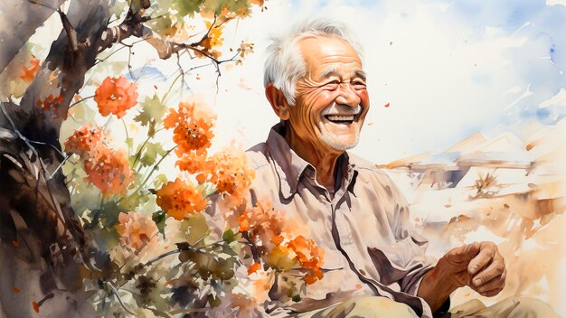 Un anciano asiático sentado bajo un árbol en el campo Ilustración de pintura digital abstracta