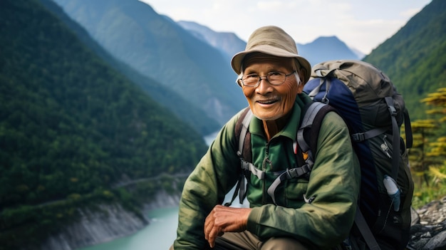 Un anciano asiático solitario y contento en las montañas con una mochila saboreando el viaje IA generativa