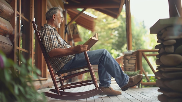 Foto un anciano atencioso se relaja en una silla de balanceo en el porche de una cabaña de madera leyendo un libro y disfrutando de la paz y la quietud de la naturaleza