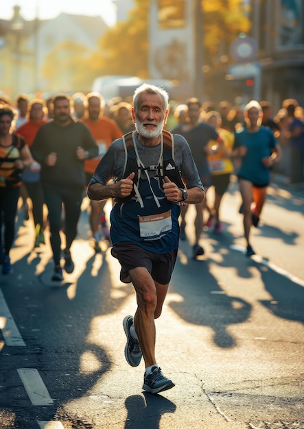 Un anciano atlético corre un maratón