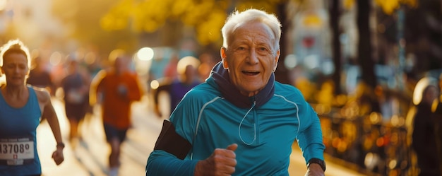 Un anciano atlético corre un maratón