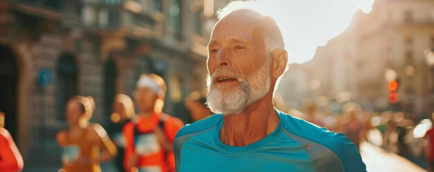 Un anciano atlético corre un maratón