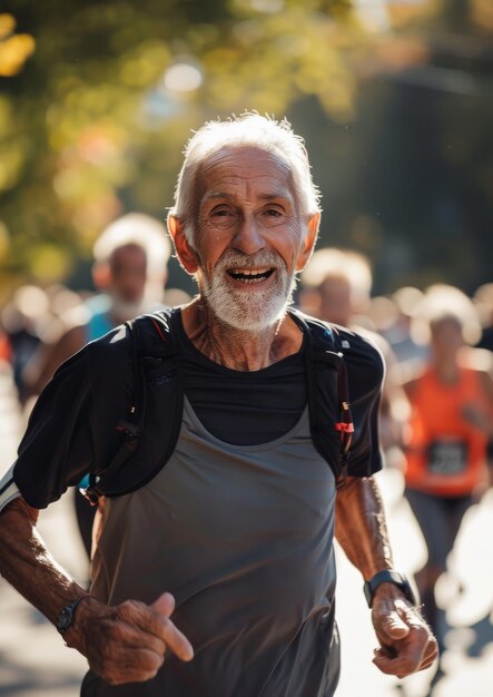 Un anciano atlético corre un maratón