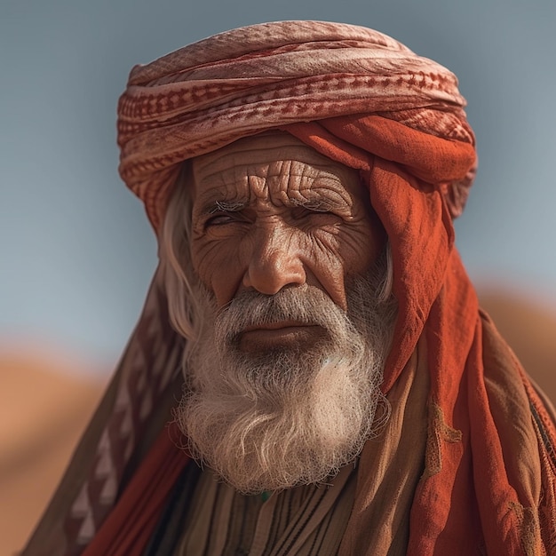 Un anciano con barba blanca se para en el desierto.