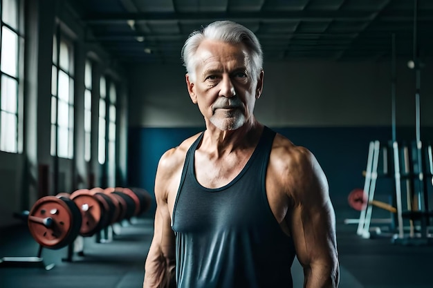 Un anciano con barba está en un gimnasio con una gran barba blanca