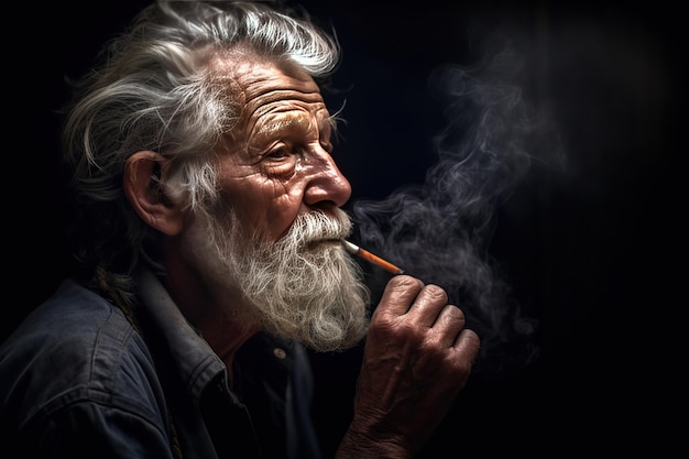 Un anciano con barba fuma un cigarrillo un anciano fuma cigarrillos de marihuana