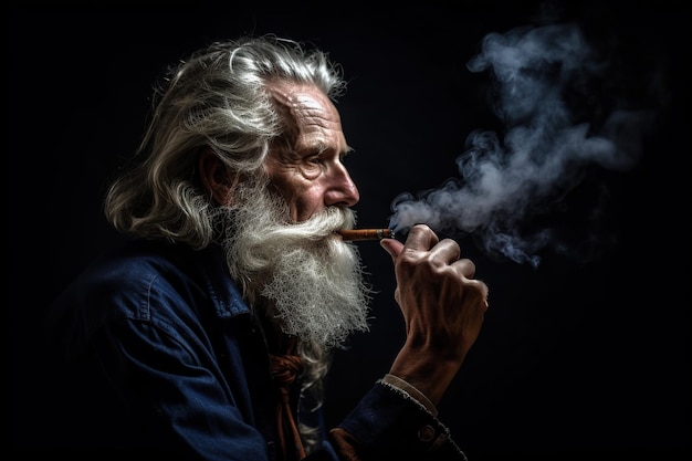 Un anciano con barba fuma un cigarrillo un anciano fuma cigarrillos de marihuana