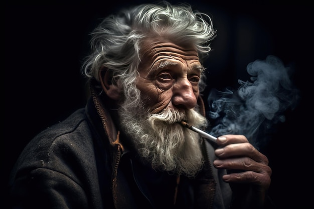 Un anciano con barba fuma un cigarrillo un anciano fuma cigarrillos de marihuana