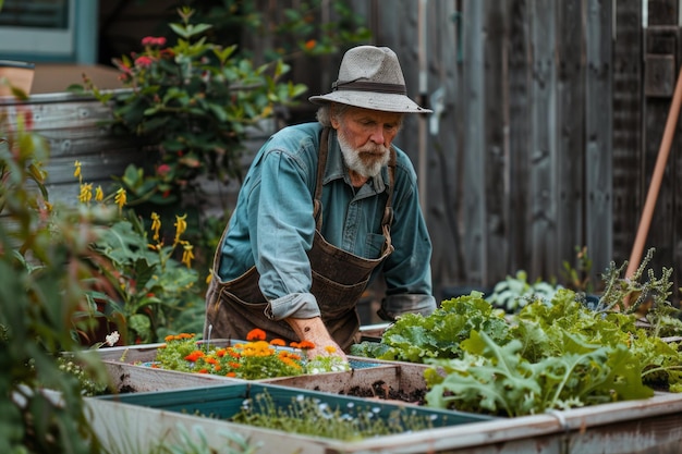 Un anciano con barba jardinero en camas elevadas llenas de verduras exuberantes y flores con sombrero y delantal