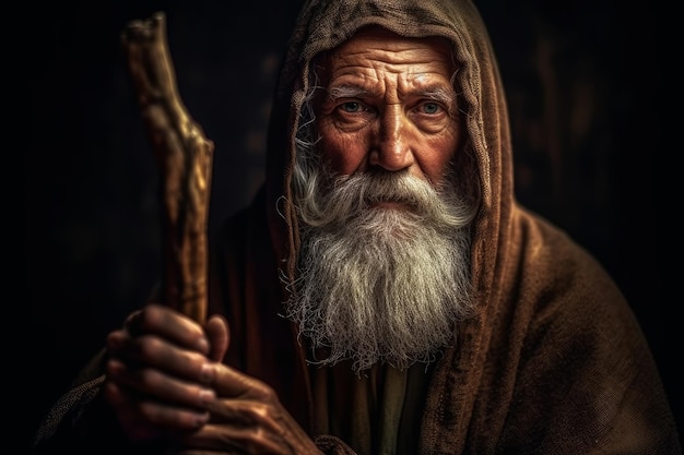 Un anciano con barba y una larga barba blanca sostiene un palo en la mano.