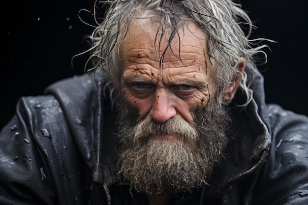 un anciano con barba larga y cabello mojado