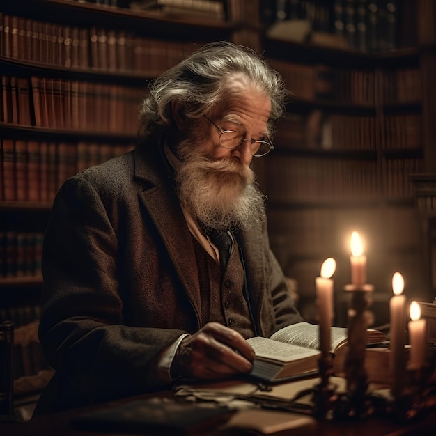 Anciano con barba y monóculo lee el libro noche oscura habitación biblioteca velas y estantería