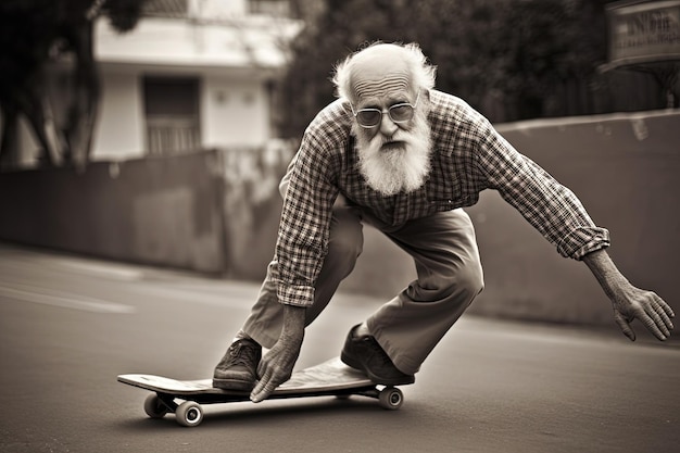 Un anciano con barba monta una patineta.