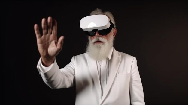 Foto un anciano con barba que lleva un traje blanco y gafas de realidad virtual toca la ia generada