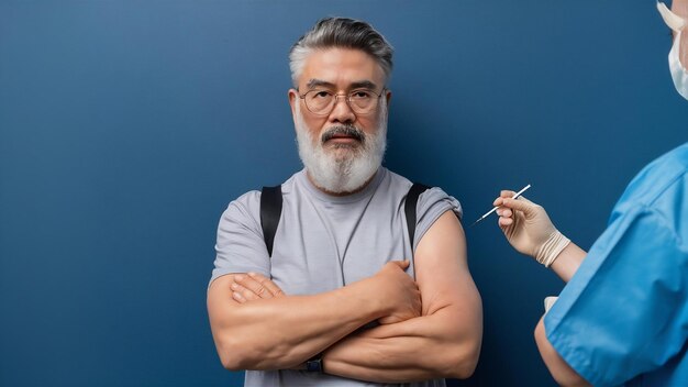 Foto un anciano barbudo de cabello gris se vacuna contra el coronavirus y se protege del virus