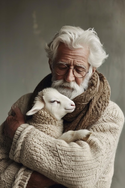 Un anciano de cabello blanco y barba sostiene tiernamente a un cordero en sus brazos en un suéter de punto grueso cuidado y comodidad adecuados para temas de compasión o vida pastoral