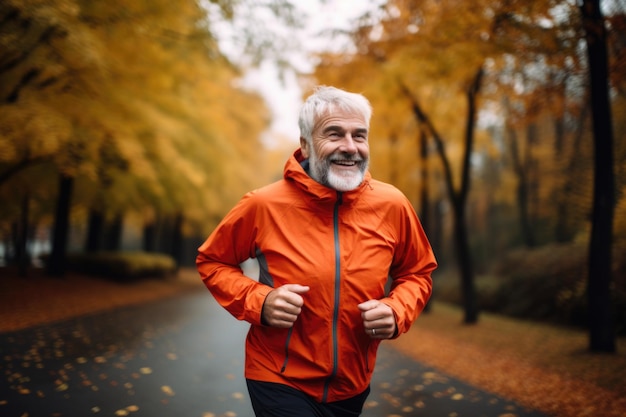 Un anciano de cabello gris corriendo en un parque de otoño