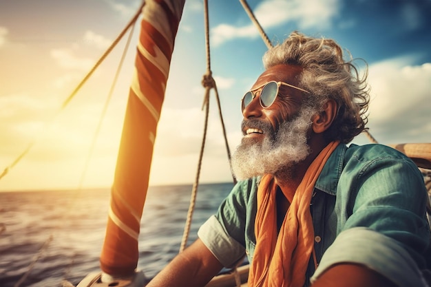 Un anciano de cabello gris se sienta en un barco o yate en el océano mirando en la distancia a las olas un viaje por mar de un anciano