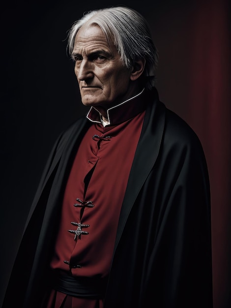 Un anciano de cabello gris en una sotana roja sobre un fondo oscuro