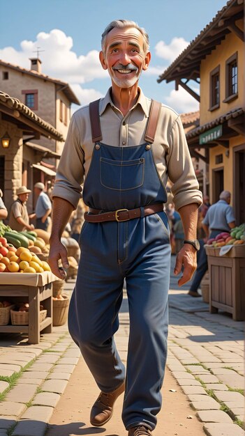 un anciano caminando por una calle en un pueblo