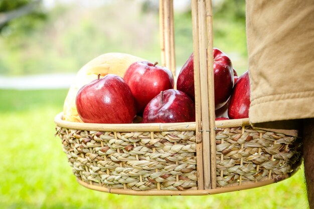 Un anciano con una canasta de picnic con manzanas y pan está en el parque para relajarse con su esposa. Concepto de comida sana