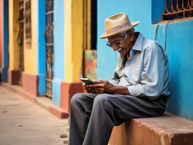 anciano de Colombia usando un teléfono inteligente para comunicarse en línea