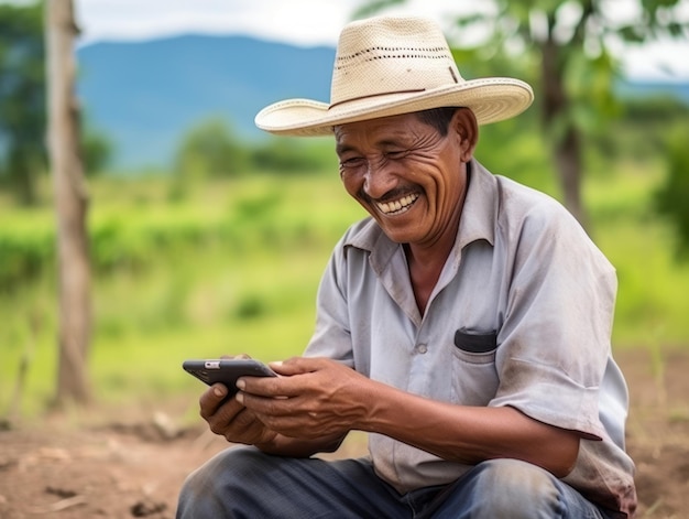 anciano de Colombia usando un teléfono inteligente para comunicarse en línea