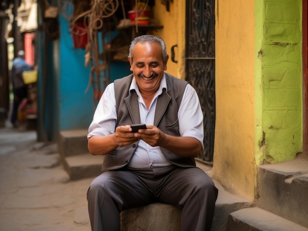 anciano de Colombia usando un teléfono inteligente para comunicarse en línea