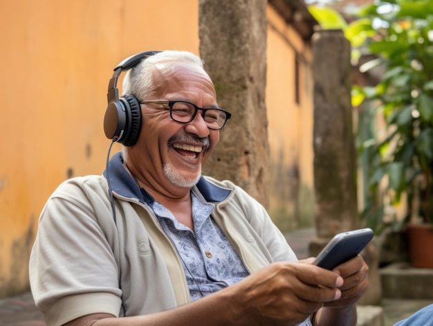 anciano de Colombia usando un teléfono inteligente para comunicarse en línea