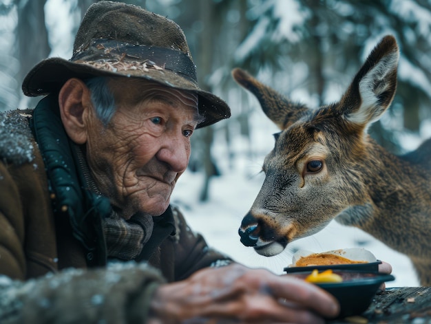 Un anciano comparte un momento conmovedor con un ciervo salvaje en un bosque nevado